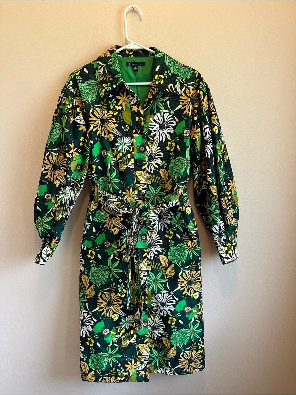 International Concepts INC Floral Twill Trench Coat M Amara Blooms Retro Green